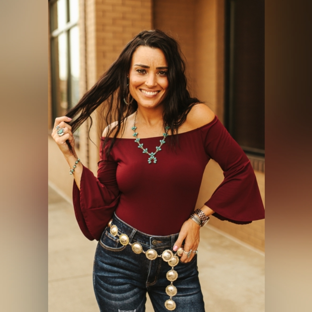 Off the Shoulder Bell Sleeve Bodysuit - Wine
